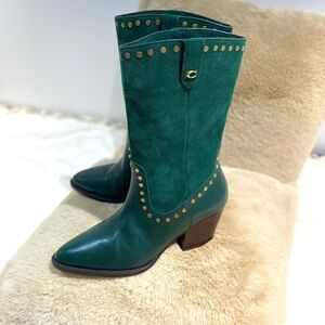 Coach Pheobe Green Leather & Suede Studded Women's Boots